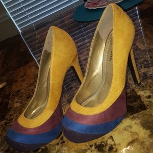 Mustard with burgundy, blue and purple high heels